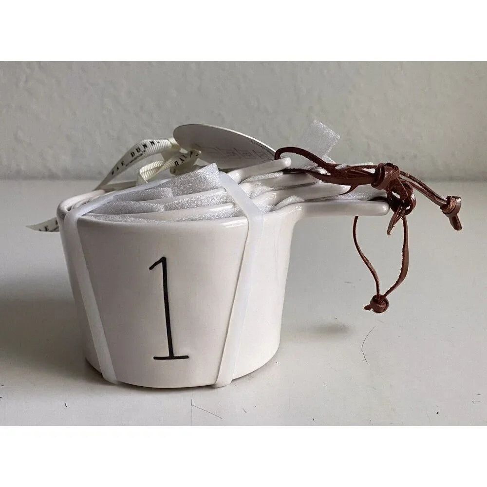 Rae Dunn White Ceramic Nesting Measuring Cups With Leather Strings NEW